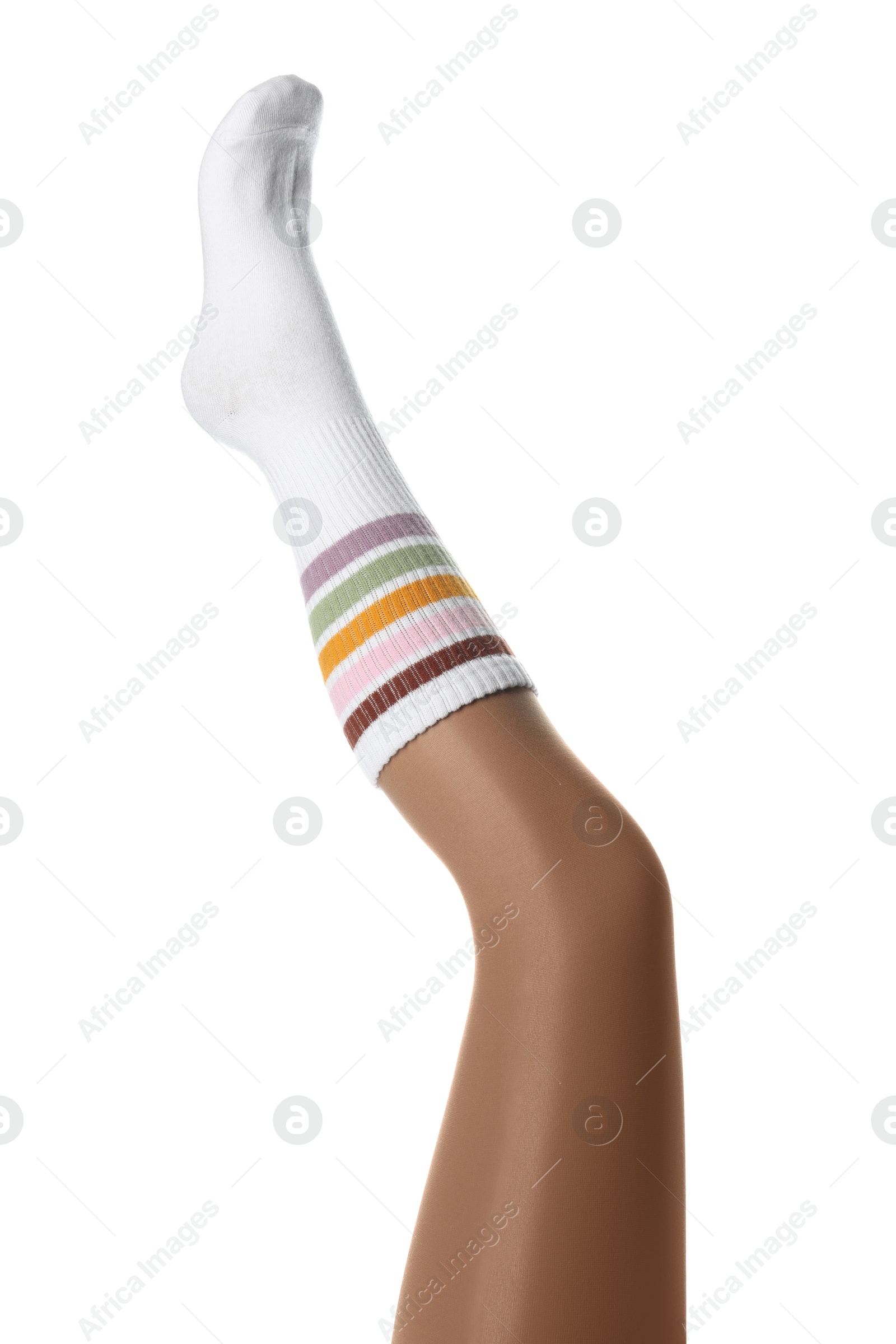 Woman wearing color sock on white background, closeup Photo of Woman wearing color sock on white background, closeup