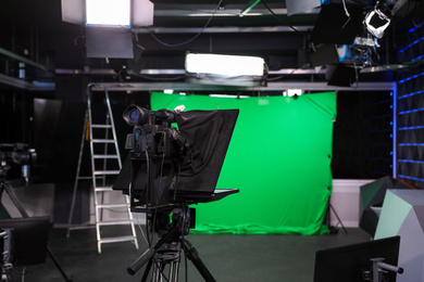 Modern video recording studio with professional equipment, focus on camera Photo of Modern video recording studio with professional equipment, focus on camera
