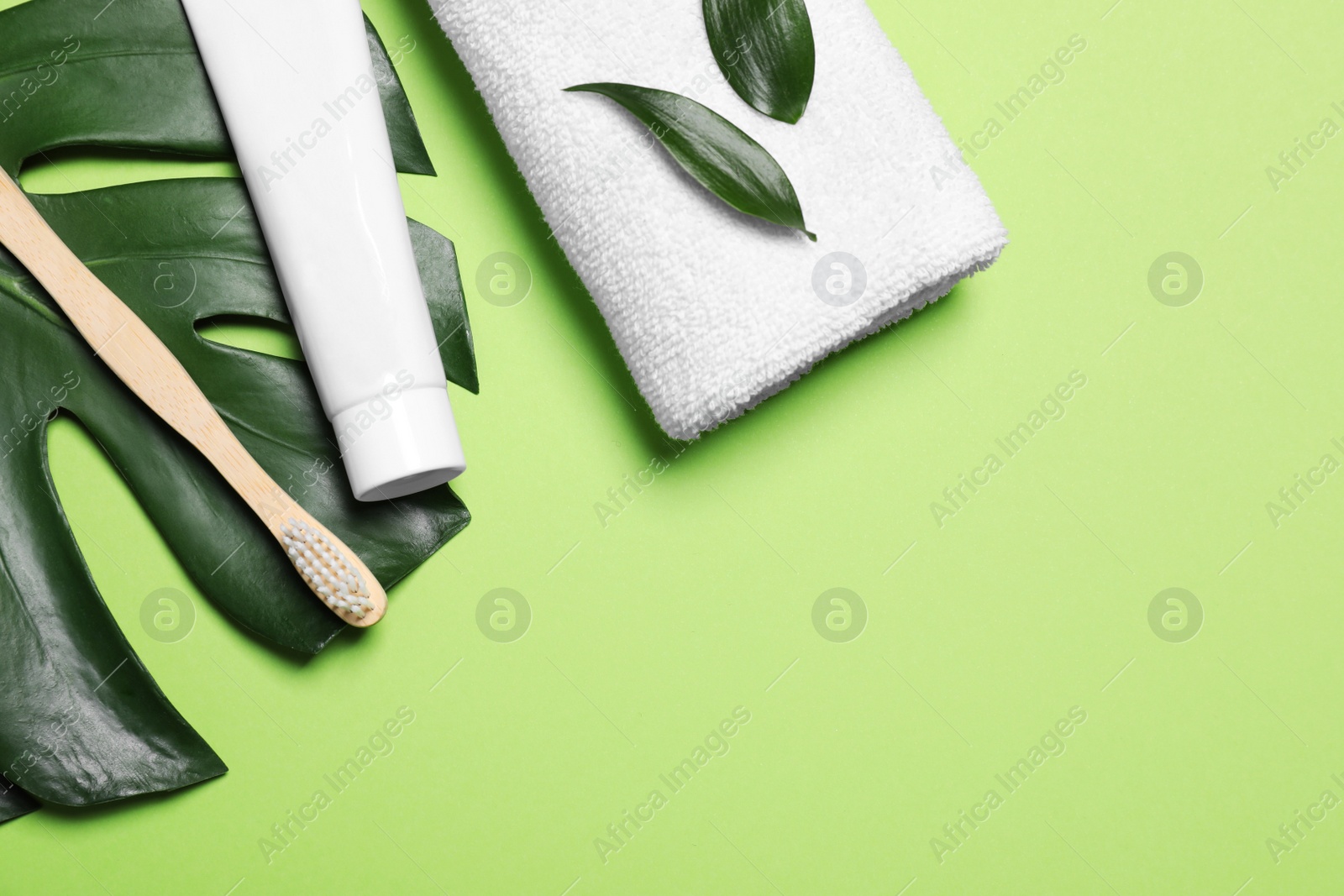 Toothpaste, brush, leaves and towel on light green background, flat lay. Space for text Photo of Toothpaste, brush, leaves and towel on light green background, flat lay. Space for text