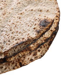 Tasty matzos on white background, closeup. Passover (Pesach) celebration Photo of Tasty matzos on white background, closeup. Passover (Pesach) celebration