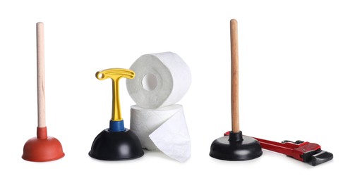 Set with different plungers on white background. Banner design Image of Set with different plungers on white background. Banner design