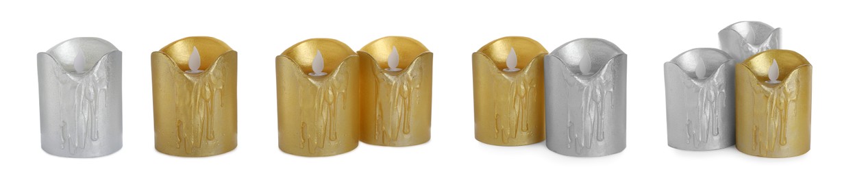 Set with decorative flameless LED candles on white background. Banner design Image of Set with decorative flameless LED candles on white background. Banner design