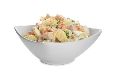 Delicious russian salad Olivier on white background Photo of Delicious russian salad Olivier on white background