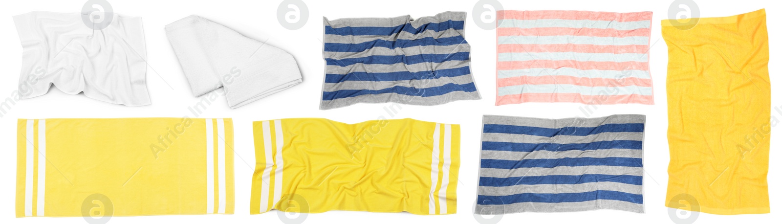 Set with different beach towels on white background, top view. Banner design Image of Set with different beach towels on white background, top view. Banner design
