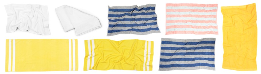 Set with different beach towels on white background, top view. Banner design Image of Set with different beach towels on white background, top view. Banner design