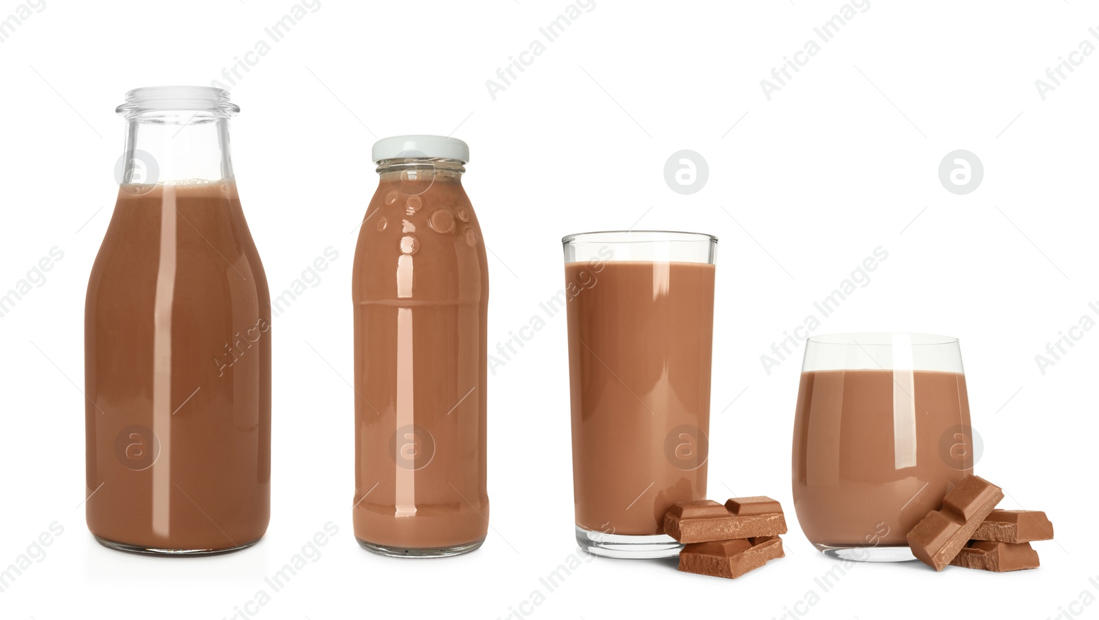 Set with delicious chocolate milk on white background Image of Set with delicious chocolate milk on white background