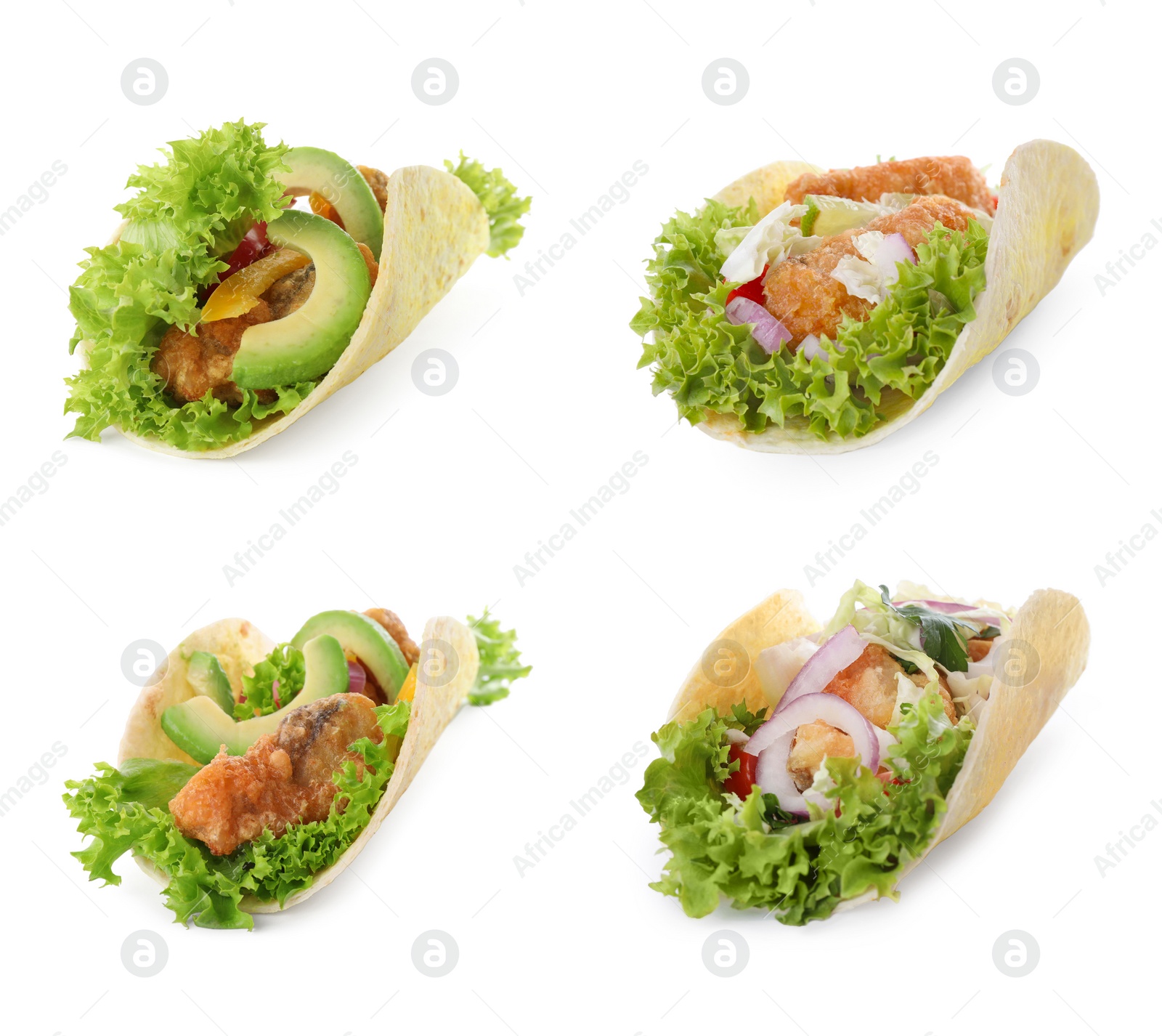 Set of delicious fresh fish tacos on white background Image of Set of delicious fresh fish tacos on white background