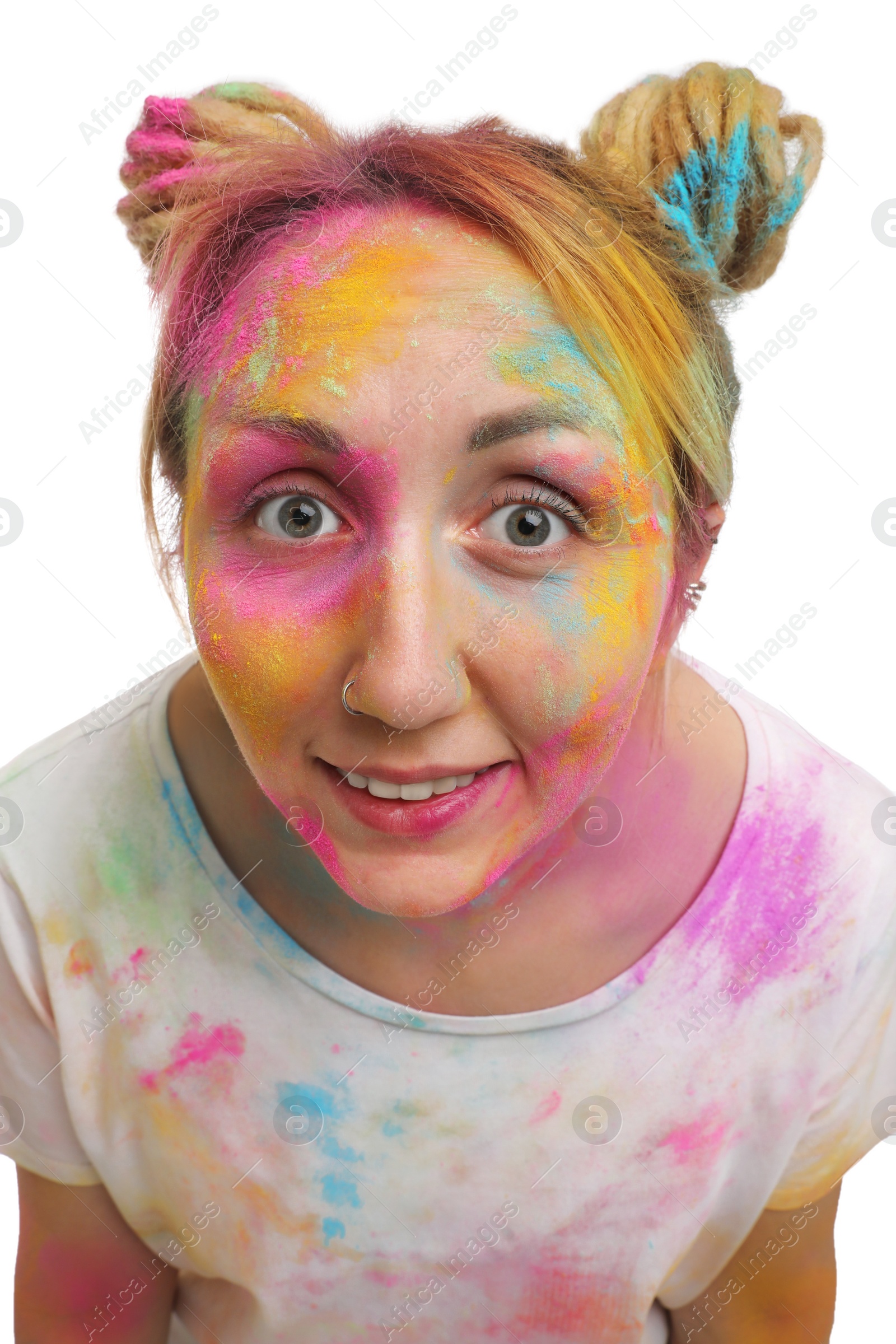Woman covered with colorful powder dyes on white background. Holi festival celebration Photo of Woman covered with colorful powder dyes on white background. Holi festival celebration