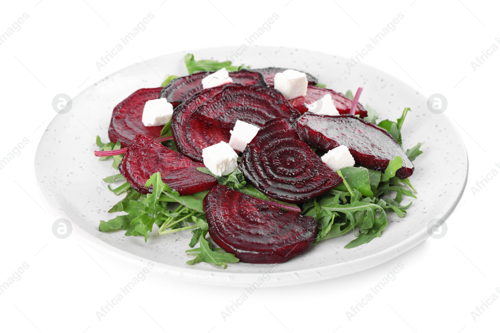 Roasted beetroot slices with feta cheese and arugula isolated on white Photo of Roasted beetroot slices with feta cheese and arugula isolated on white