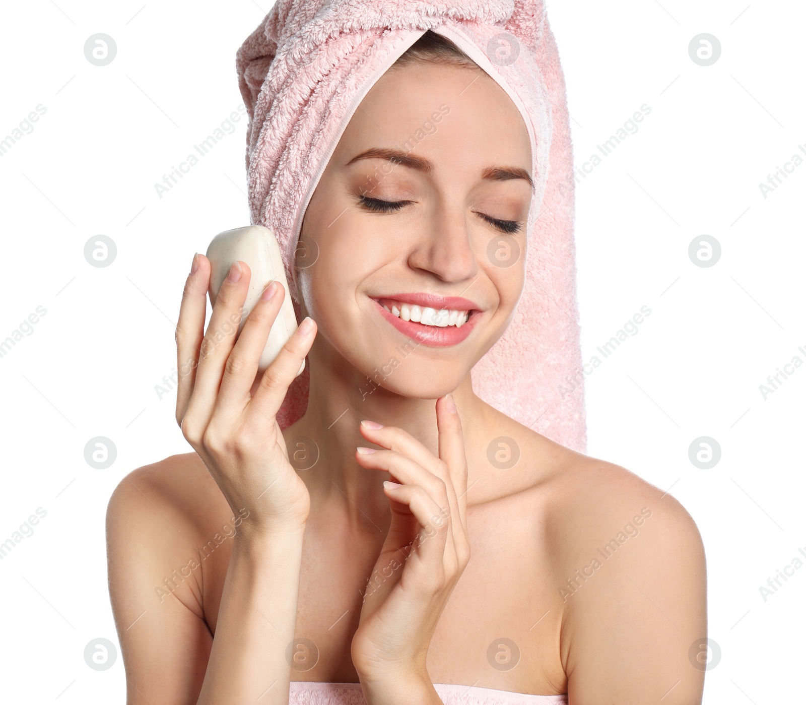 Image of Beautiful young woman with soap bar on white background