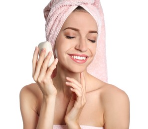 Beautiful young woman with soap bar on white background Image of Beautiful young woman with soap bar on white background