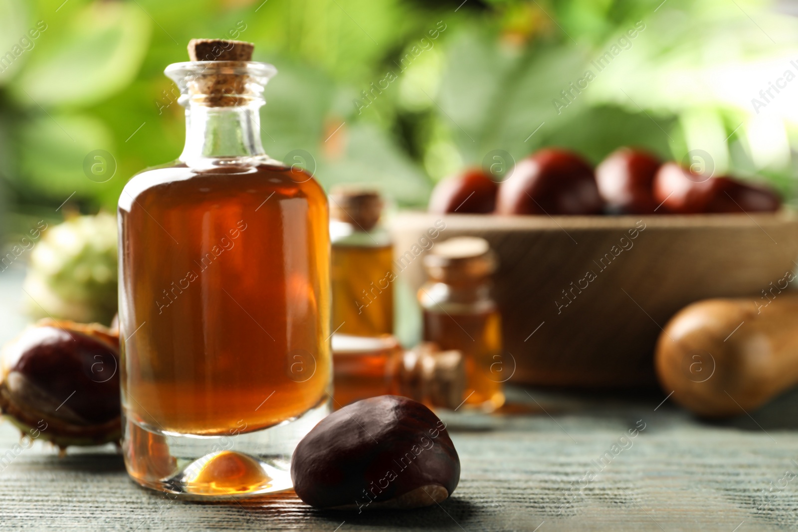 Chestnuts and bottle of essential oil on blue wooden table. Space for text Photo of Chestnuts and bottle of essential oil on blue wooden table. Space for text