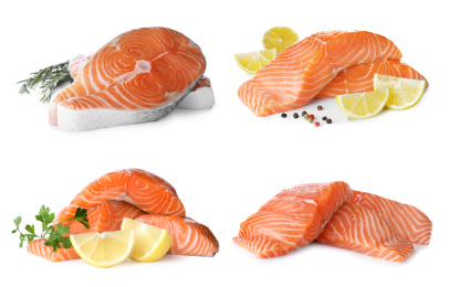 Set of fresh raw salmon on white background. Fish delicacy Image of Set of fresh raw salmon on white background. Fish delicacy