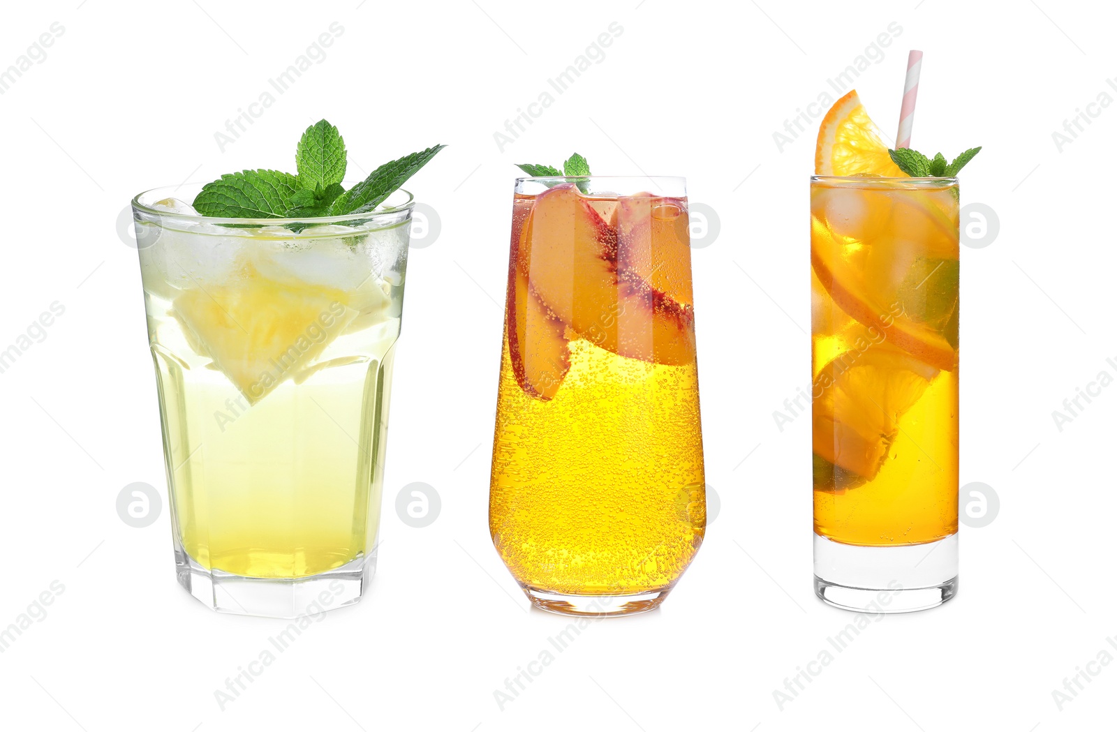 Set of different lemonade drinks made with soda water on white background Image of Set of different lemonade drinks made with soda water on white background
