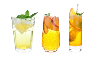 Set of different lemonade drinks made with soda water on white background Image of Set of different lemonade drinks made with soda water on white background