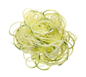 Delicious fresh zucchini pasta on white background, top view Photo of Delicious fresh zucchini pasta on white background, top view