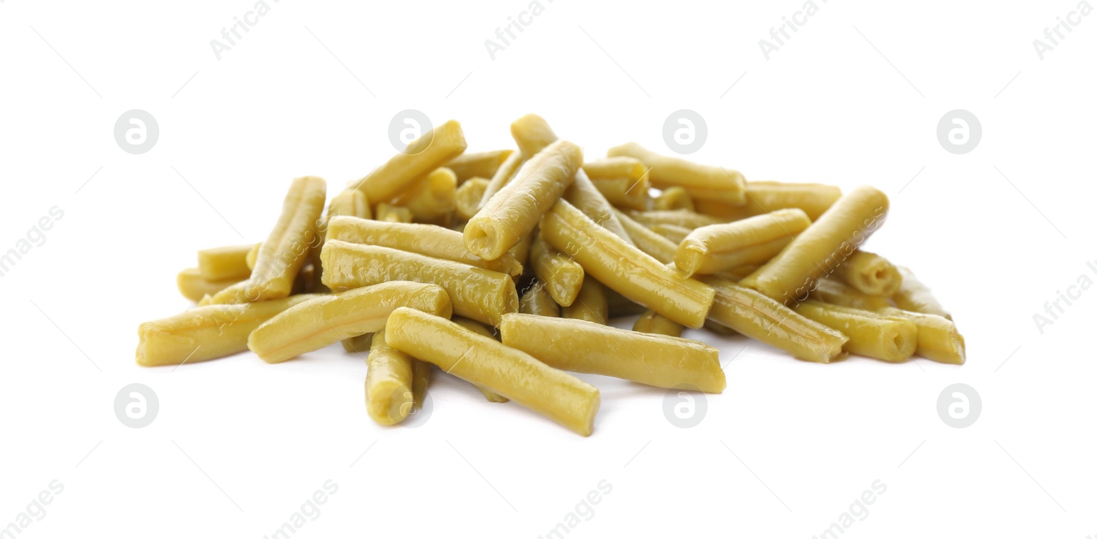 Pile of canned green beans on white background Photo of Pile of canned green beans on white background