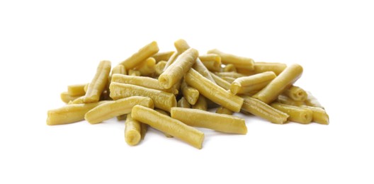 Pile of canned green beans on white background Photo of Pile of canned green beans on white background