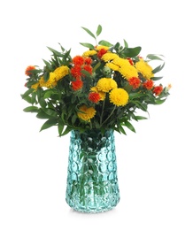 Vase with bouquet of beautiful aster flowers on white background Photo of Vase with bouquet of beautiful aster flowers on white background