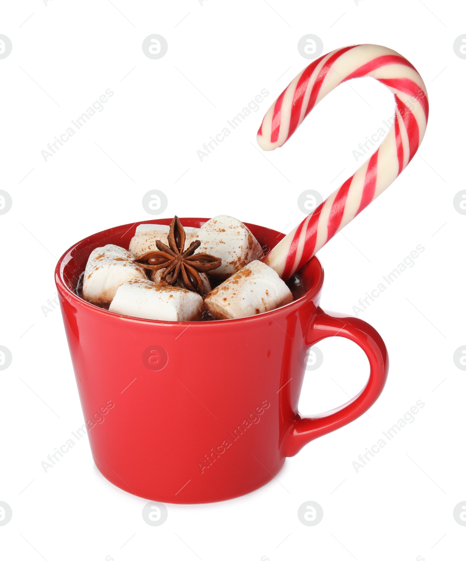 Cup of hot chocolate with marshmallows, Christmas candy cane and anise isolated on white Photo of Cup of hot chocolate with marshmallows, Christmas candy cane and anise isolated on white