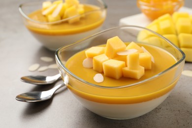 Delicious panna cotta with mango coulis and fresh fruit pieces on grey table Photo of Delicious panna cotta with mango coulis and fresh fruit pieces on grey table