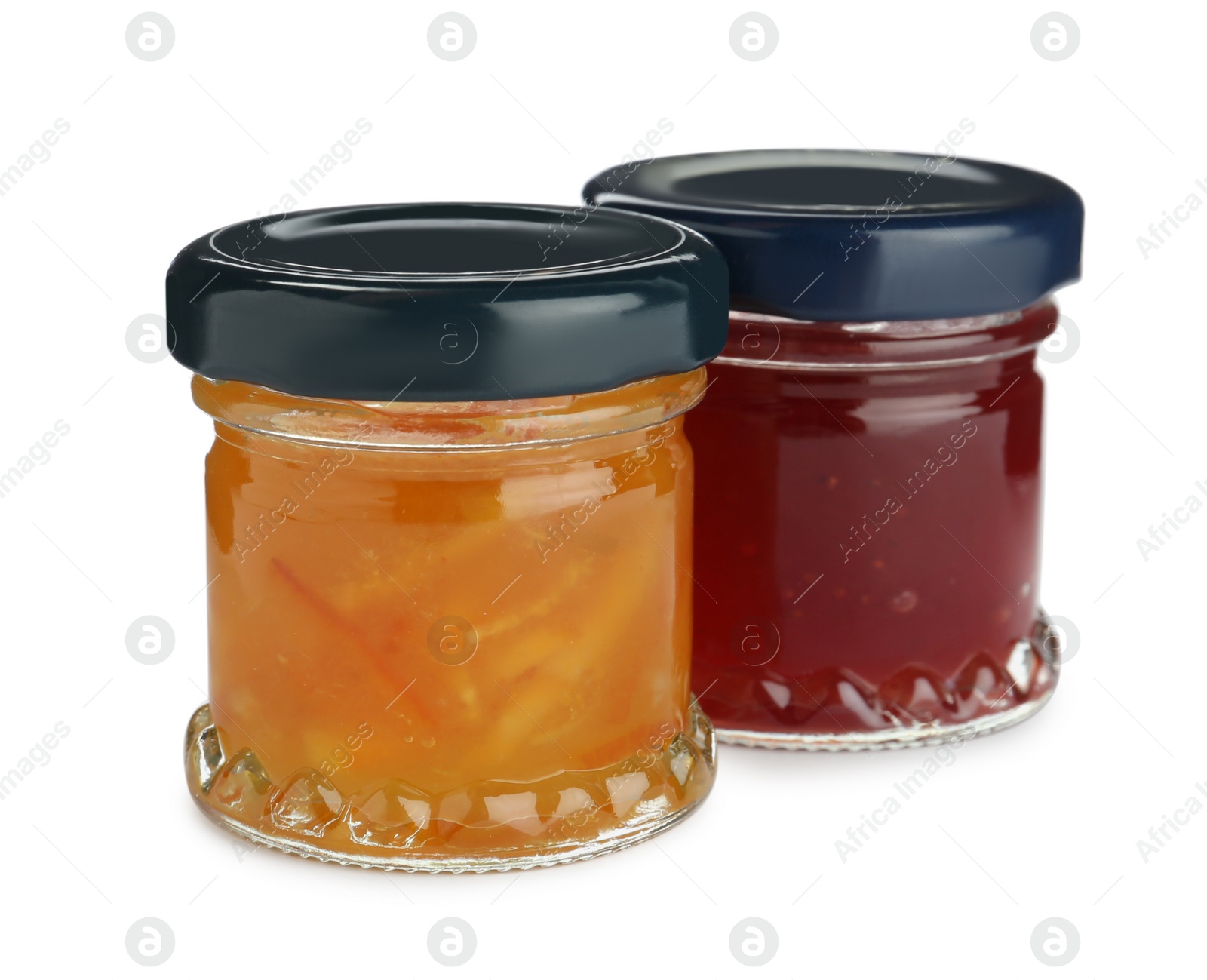 Photo of Jars with different jams on white background
