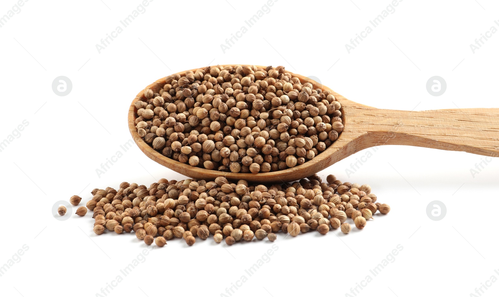 Dried coriander seeds with wooden spoon on white background Photo of Dried coriander seeds with wooden spoon on white background