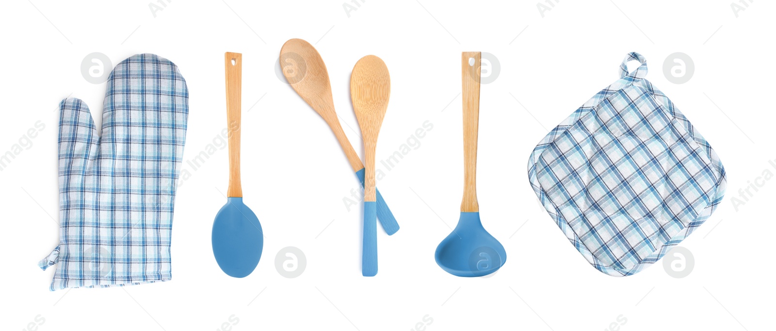 Image of Set with different kitchen utensils and oven glove on white background, top view. Banner design