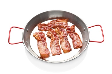Dish with fried bacon on white background Photo of Dish with fried bacon on white background