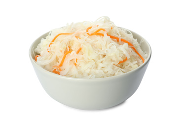 Photo of Bowl of tasty fermented cabbage isolated on white