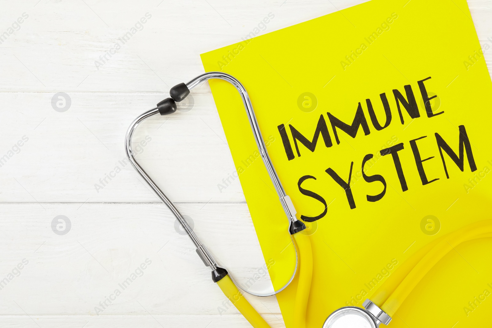 Paper sheet with text Immune System and stethoscope on white wooden table, flat lay Photo of Paper sheet with text Immune System and stethoscope on white wooden table, flat lay