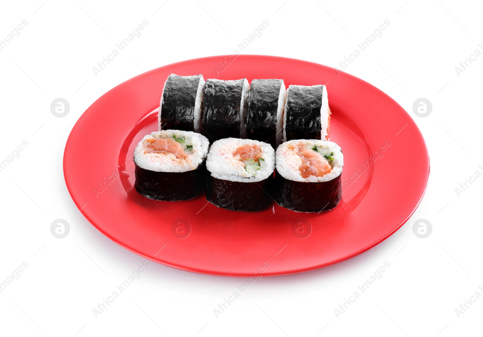 Tasty sushi rolls with salmon on white background Photo of Tasty sushi rolls with salmon on white background