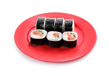 Tasty sushi rolls with salmon on white background Photo of Tasty sushi rolls with salmon on white background