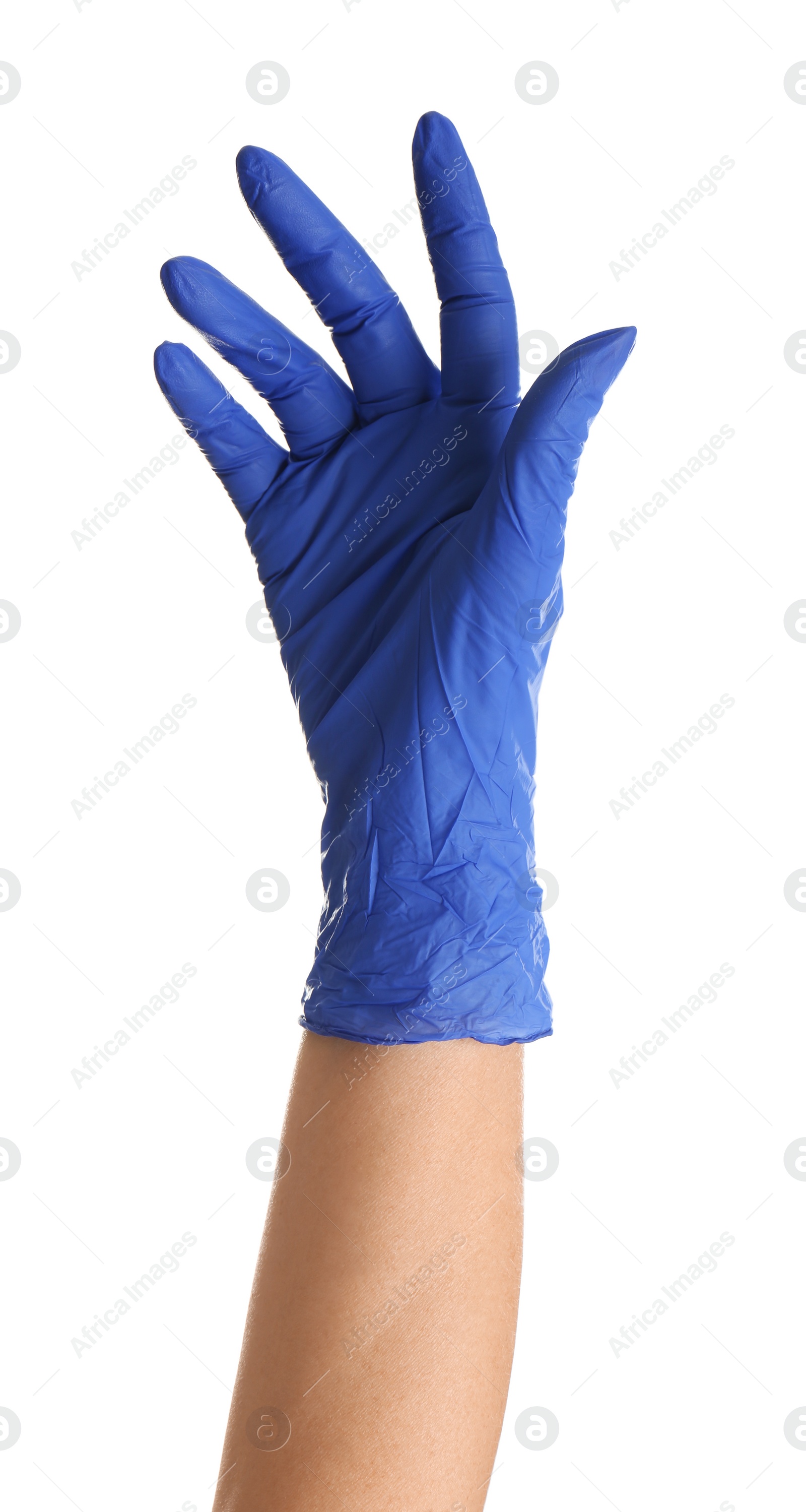 Woman in blue latex gloves on white background, closeup of hand Photo of Woman in blue latex gloves on white background, closeup of hand