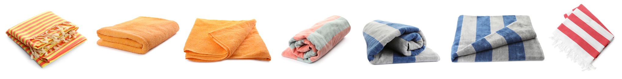 Set with different beach towels on white background. Banner design Image of Set with different beach towels on white background. Banner design
