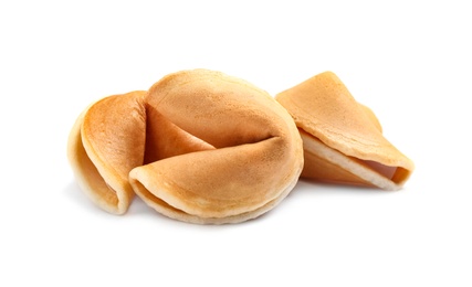 Traditional homemade fortune cookies on white background Photo of Traditional homemade fortune cookies on white background