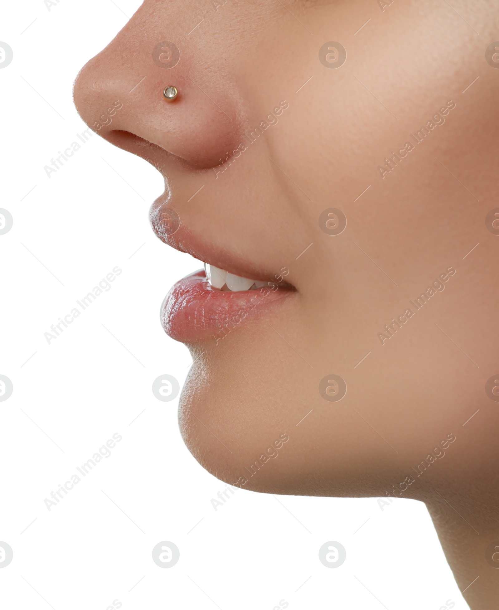Photo of Young woman with nose piercing on white background, closeup