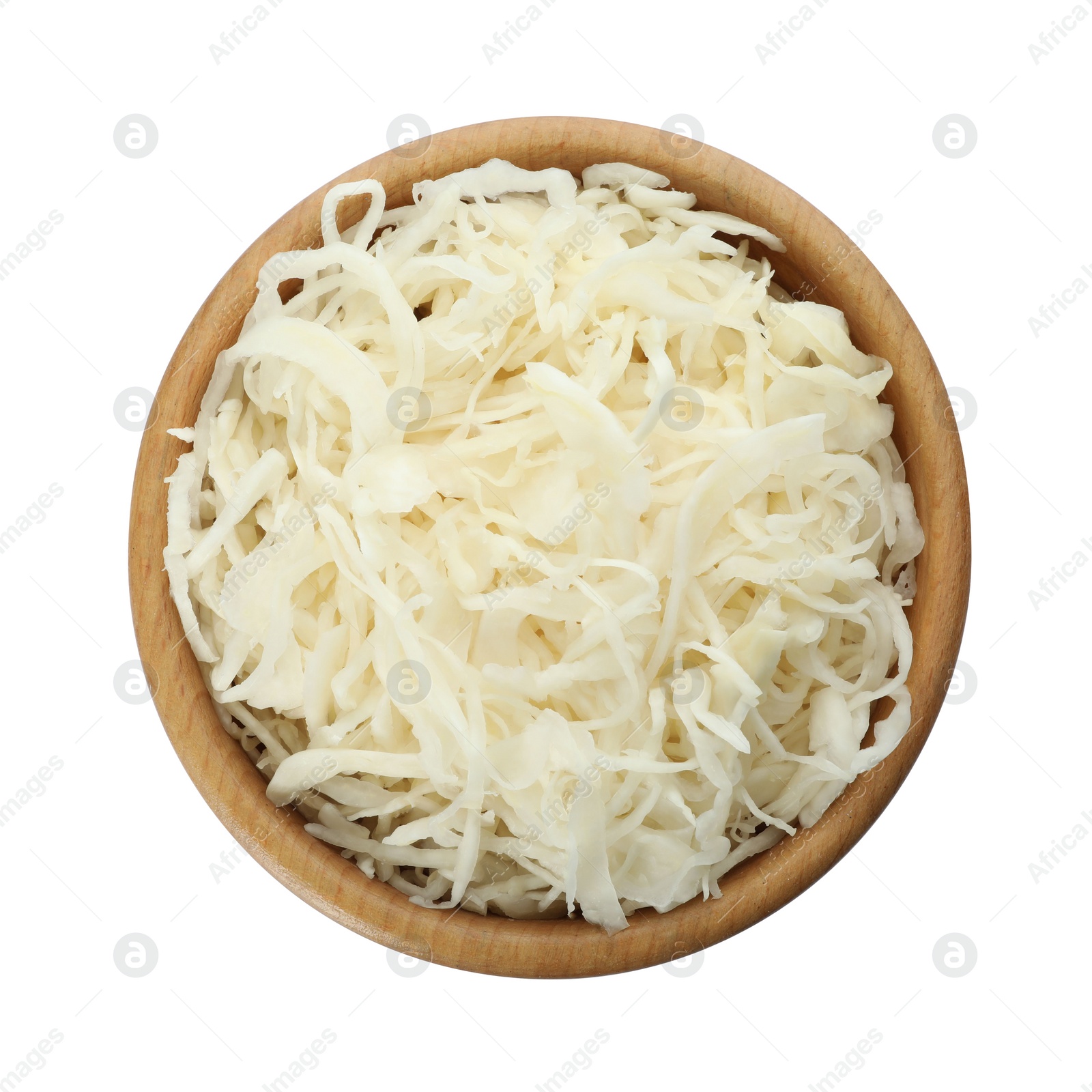 Wooden bowl of tasty fermented cabbage isolated on white, top view Photo of Wooden bowl of tasty fermented cabbage isolated on white, top view