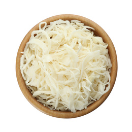 Wooden bowl of tasty fermented cabbage isolated on white, top view Photo of Wooden bowl of tasty fermented cabbage isolated on white, top view