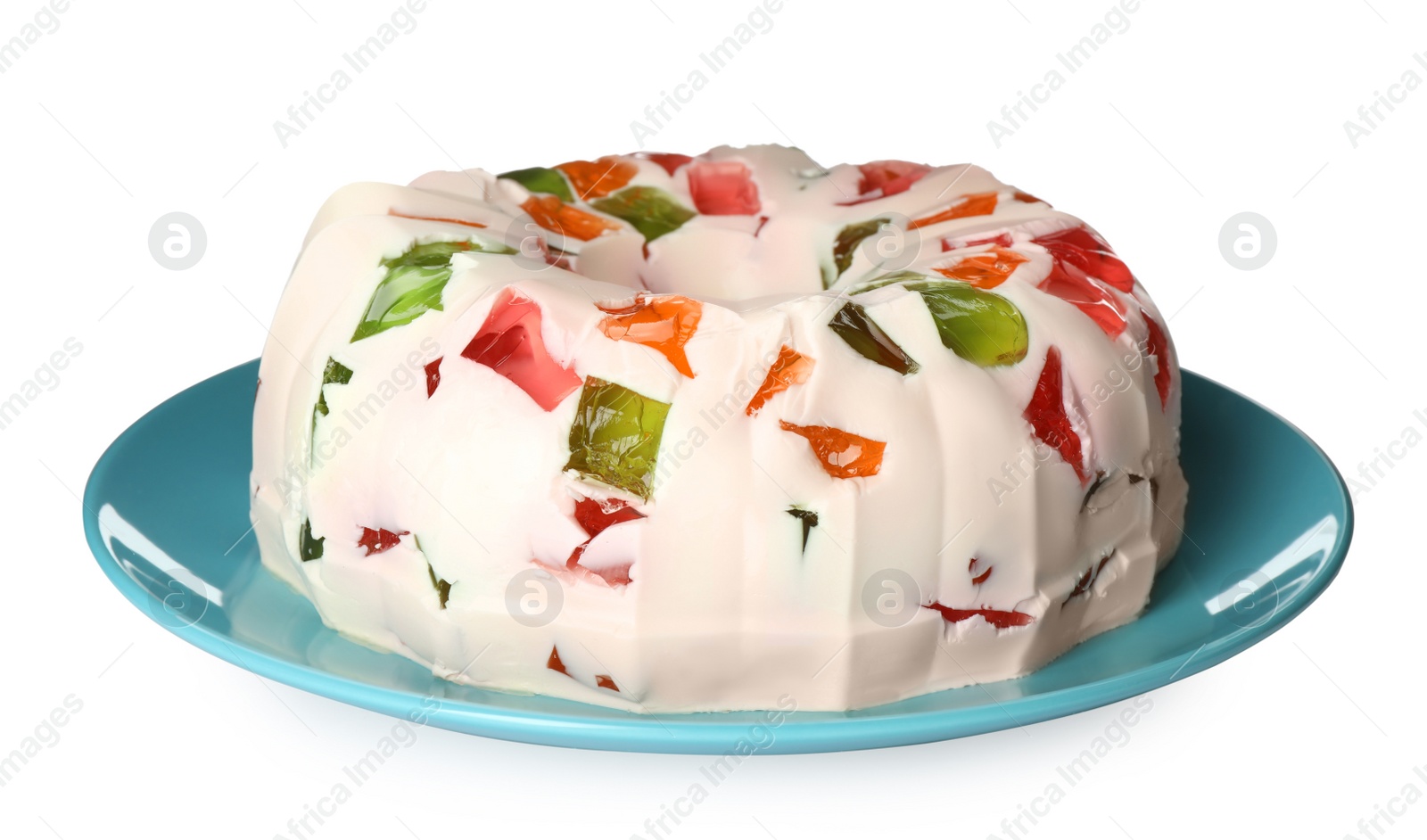 Delicious broken glass jelly cake on white background Photo of Delicious broken glass jelly cake on white background