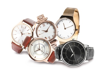 Collage of stylish watches on white background Image of Collage of stylish watches on white background