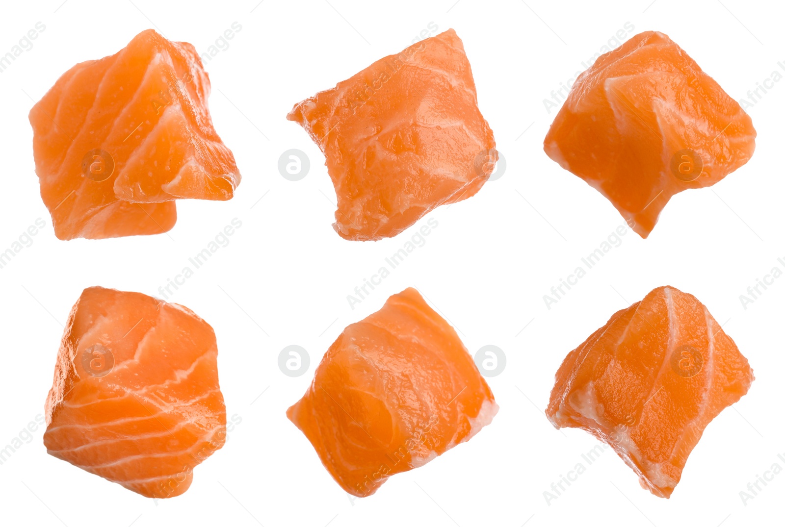 Set with pieces of fresh raw salmon on white background. Fish delicacy Image of Set with pieces of fresh raw salmon on white background. Fish delicacy