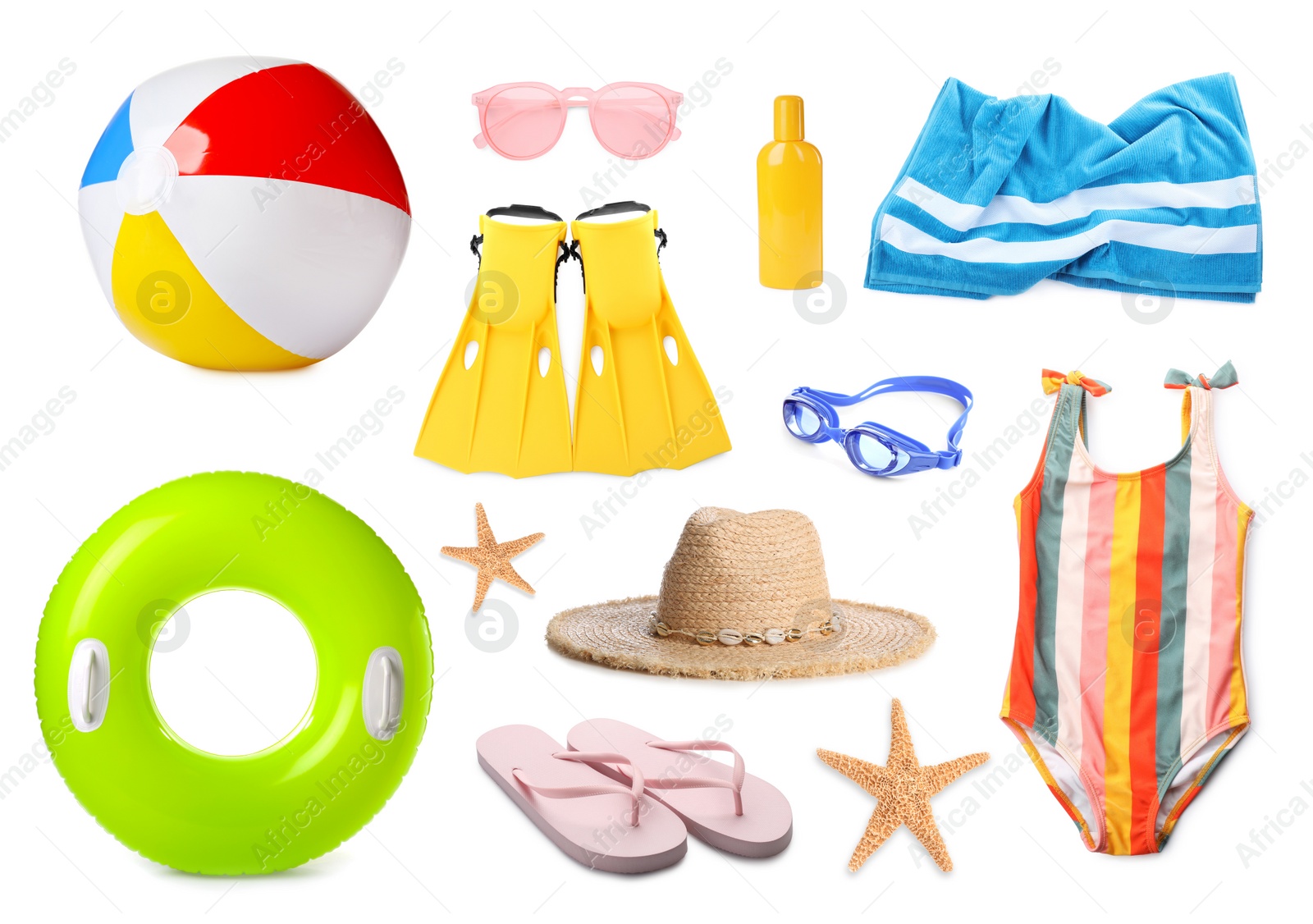 Set with different beach accessories on white background Image of Set with different beach accessories on white background
