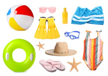 Set with different beach accessories on white background Image of Set with different beach accessories on white background