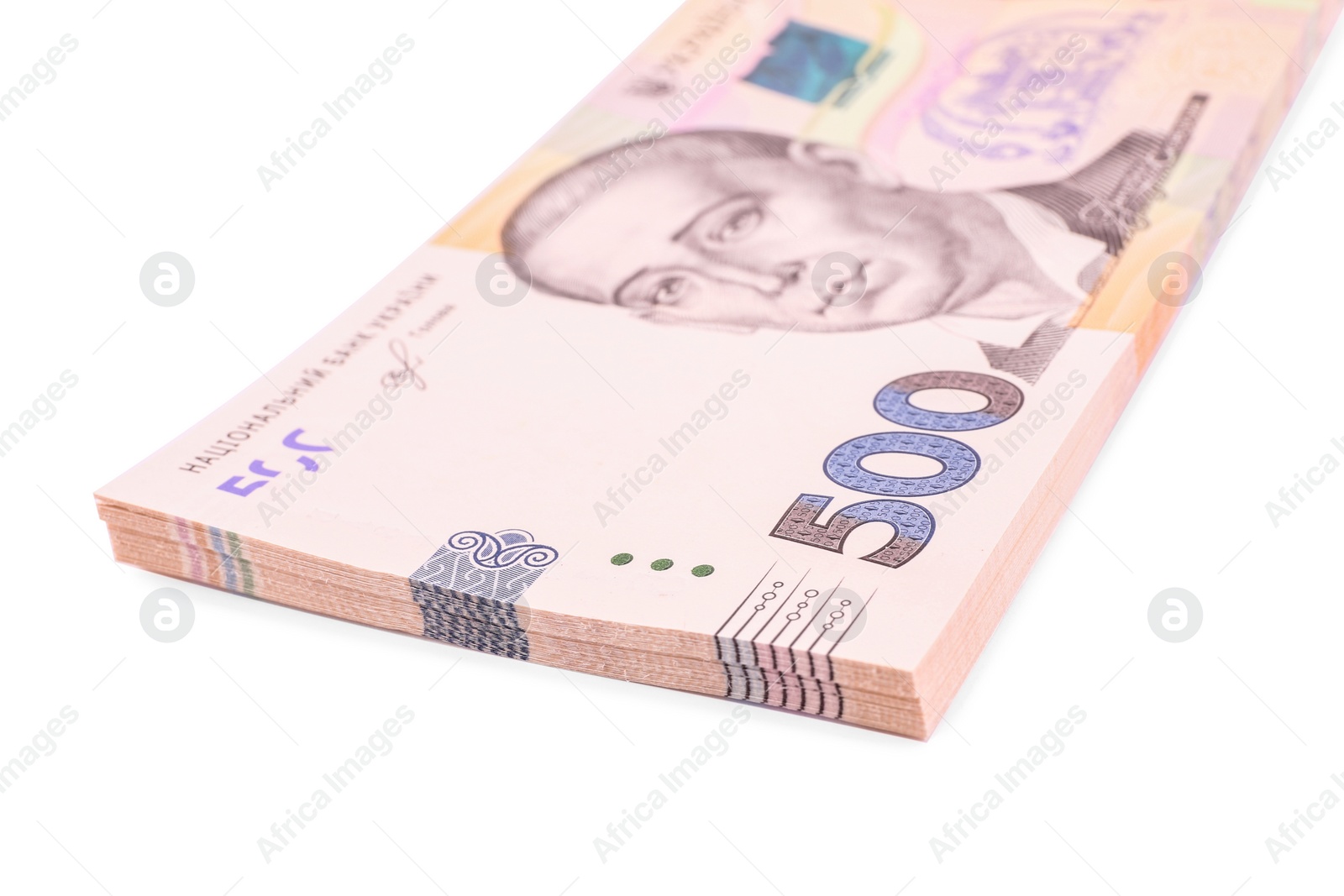 500 Ukrainian Hryvnia banknotes on white background, closeup Photo of 500 Ukrainian Hryvnia banknotes on white background, closeup