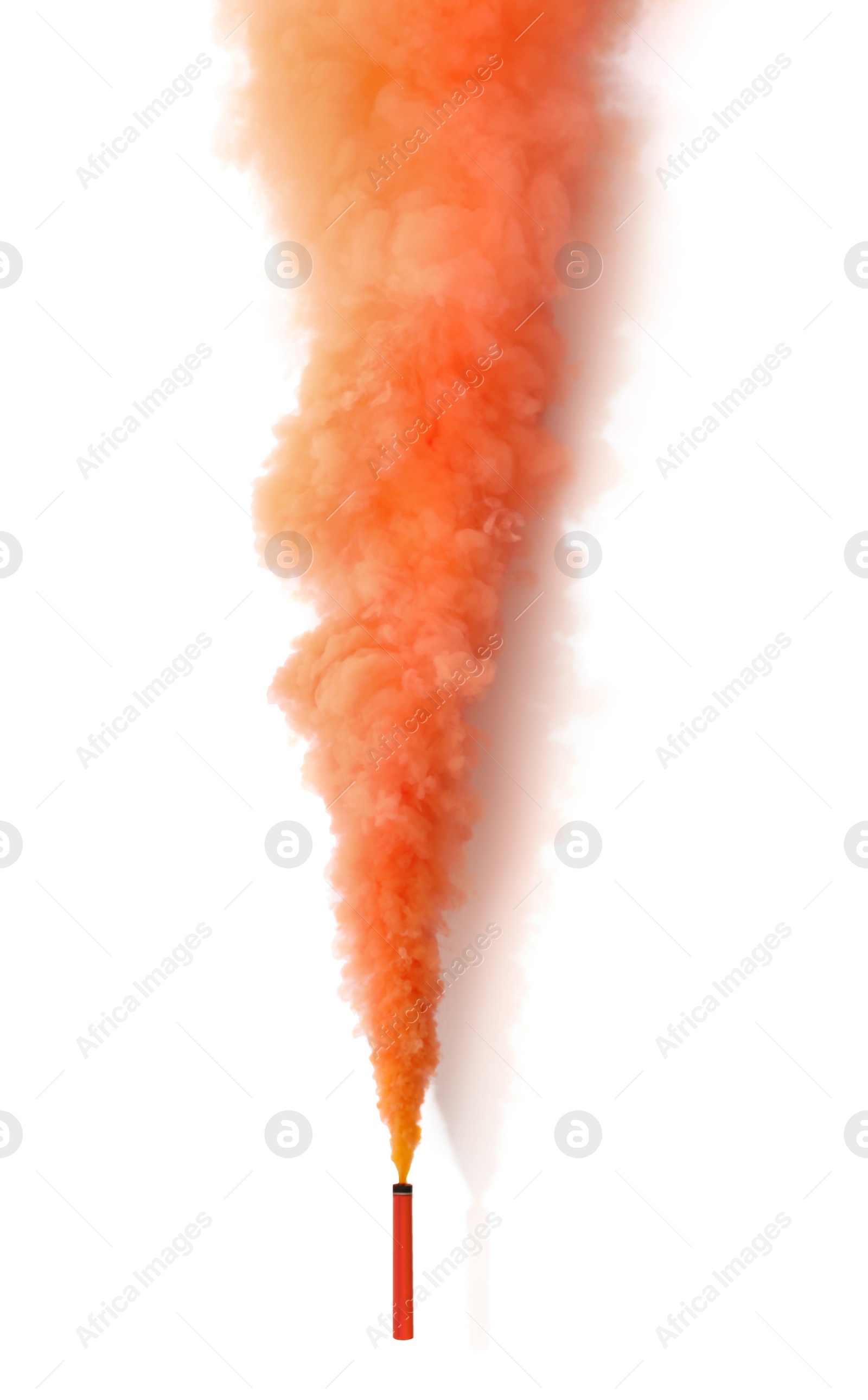 Bright orange smoke bomb on white background Photo of Bright orange smoke bomb on white background