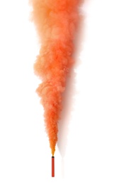 Bright orange smoke bomb on white background Photo of Bright orange smoke bomb on white background