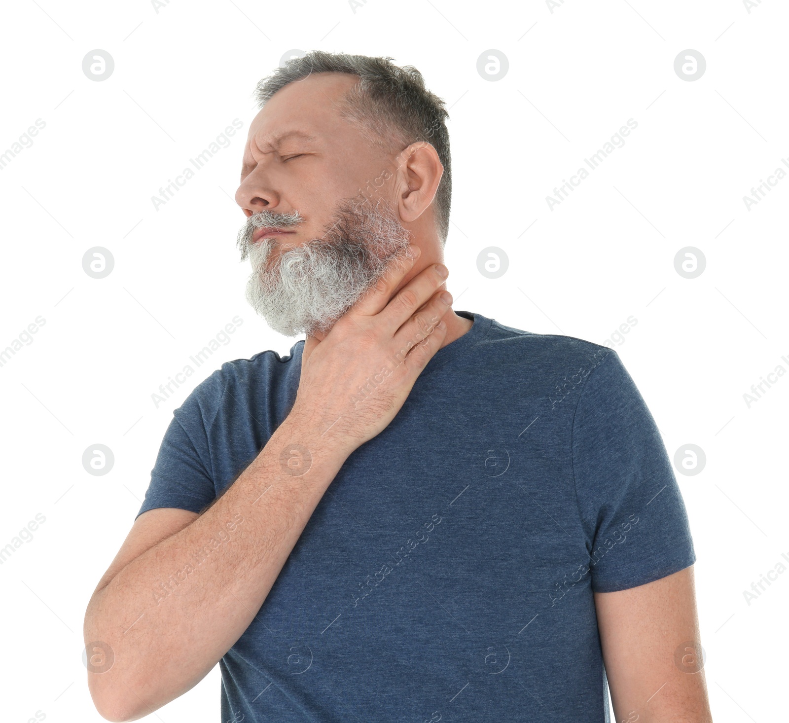 Man suffering from throat pain on white background Photo of Man suffering from throat pain on white background