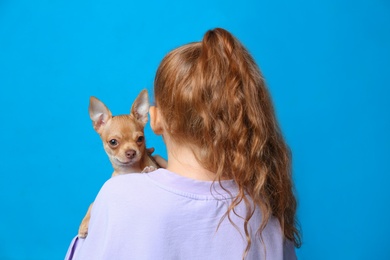 Little girl with her Chihuahua dog on light blue background, back view. Childhood pet Photo of Little girl with her Chihuahua dog on light blue background, back view. Childhood pet