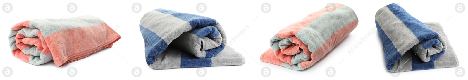 Image of Set with different beach towels on white background. Banner design 